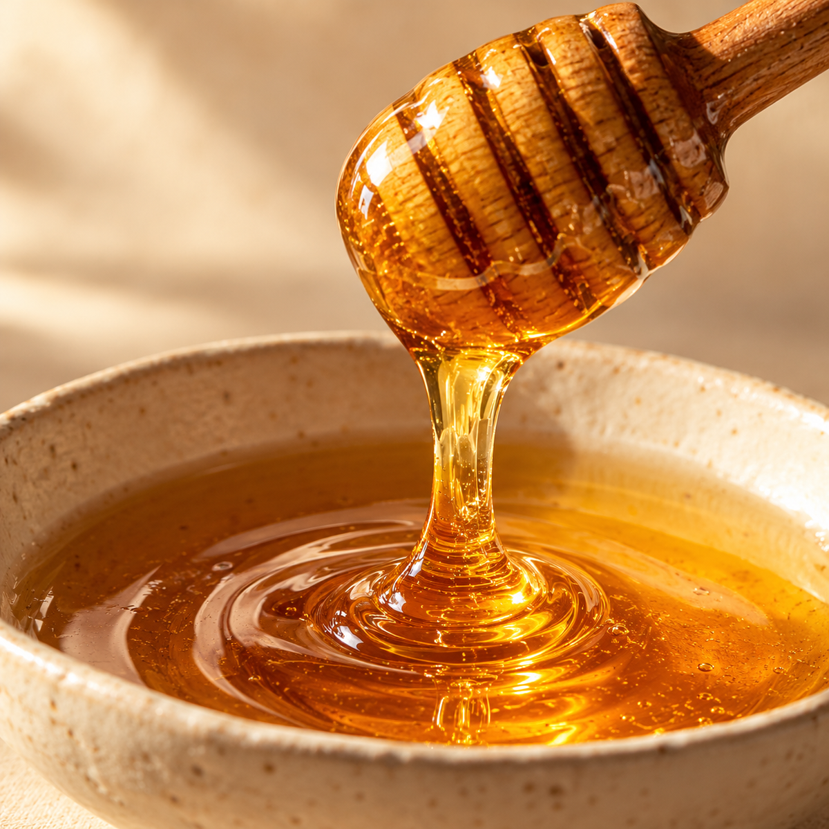 Golden honey flows from a wooden dipper into a ceramic bowl.
