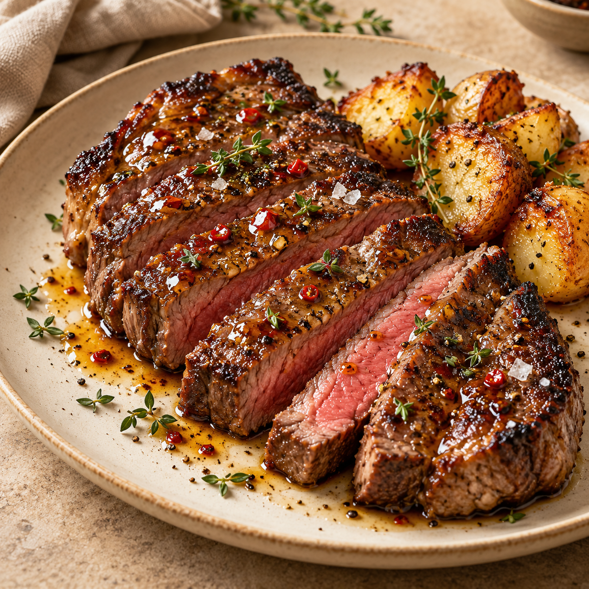 Hot honey steak with thyme