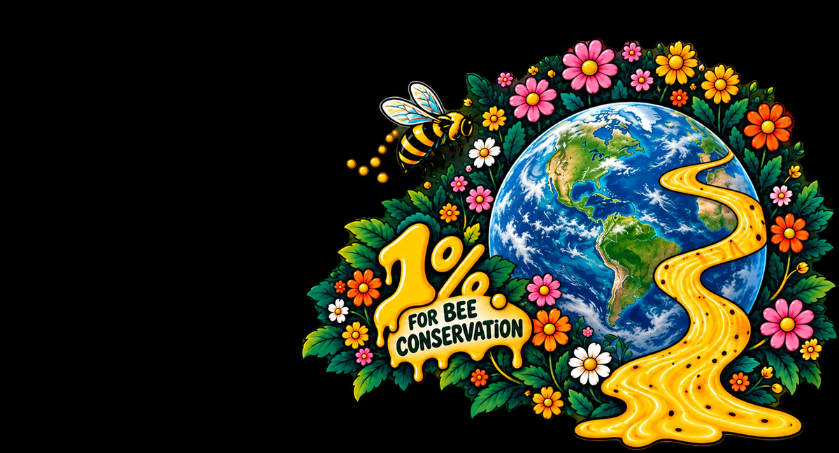 Earth surrounded by flowers and bees with a honey river and 1% for bee conservation.